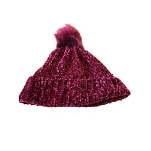 Pugs red chenille-like winter hat with pompom, one size